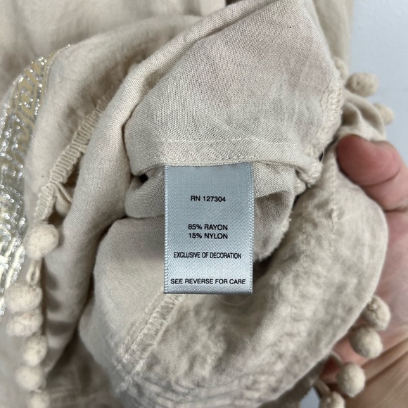 John Mark Women’s Tunic Blouse Beige Boho Pom Pom Trim Top Blouse Embellished S - Picture 4 of 8